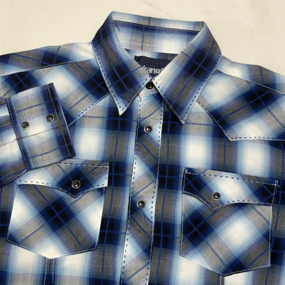 Wrangler Western Shirt Kids L 10-12 Blue Plaid Pearl Snap Long Sleeve BVG206M